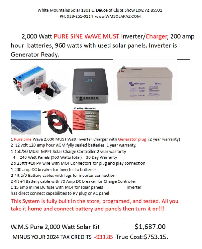 2000 watt MUST inverter charger 80 amp charge controller 4 used panels kit