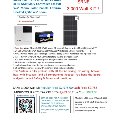 3000 watt SRNE Kit 4 New 390 panels one battery 11 22 25