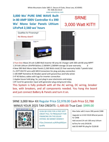 3000 watt SRNE Kit 4 New 390 panels one battery 11 22 25