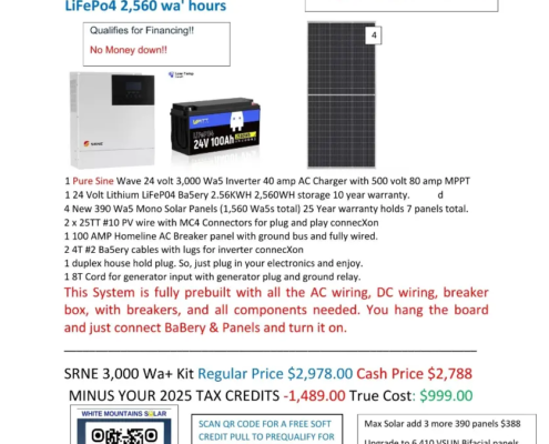 White Mountains Solar 928-251-0114 Show Low, AZ 3000 watt SRNE Kit 4 New 390 panels one battery 11 22 25
