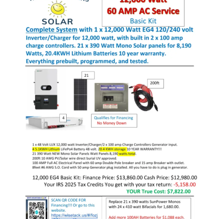 12,000 Watt EG4 4 5.1KWH Batteries, 21 390 Mono small kit 11 14 25