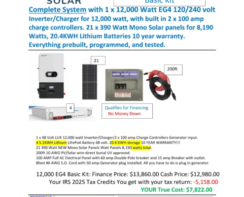 White Mountains Solar 928-251-0114 Show Low, AZ 12,000 Watt EG4 4 5.1KWH Batteries, 21 390 Mono small kit 11 14 25