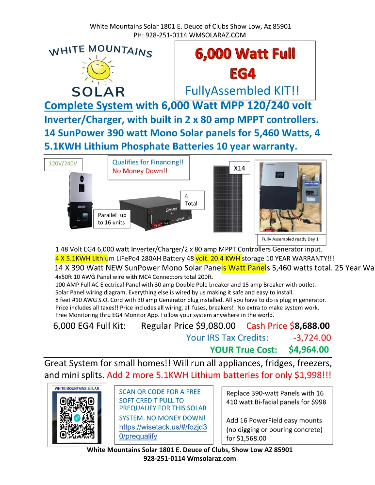 6000 watt LUX Full kit 4 5.1 Batteries 20.4 KWH 16 390 panels 11 19 25