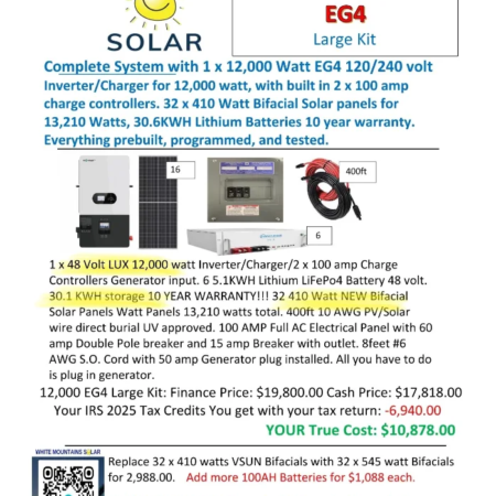 SOLAR KITS12,000 Watt EG4 6 5.1KWH Batteries, 32 410 Bifacial fully kit 11 14 25