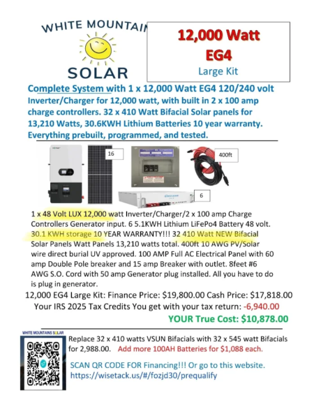SOLAR KITS12,000 Watt EG4 6 5.1KWH Batteries, 32 410 Bifacial fully kit 11 14 25