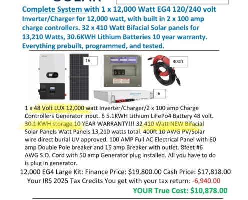 SOLAR KITS12,000 Watt EG4 6 5.1KWH Batteries, 32 410 Bifacial fully kit 11 14 25