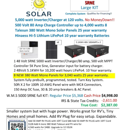 SOLAR KITS 5000 Watt SRNE Kit 2 lithium 8 new 380 watt panels 02 15 25
