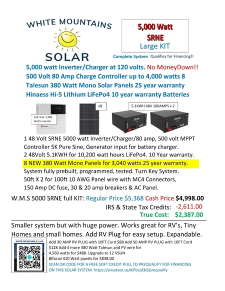 SOLAR KITS 5000 Watt SRNE Kit 2 lithium 8 new 380 watt panels 02 15 25