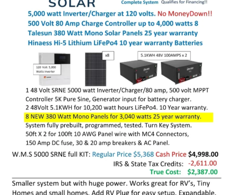 White Mountains Solar 928-251-0114 Show Low, AZ SOLAR KITS 5000 Watt SRNE Kit 2 lithium 8 new 380 watt panels 02 15 25