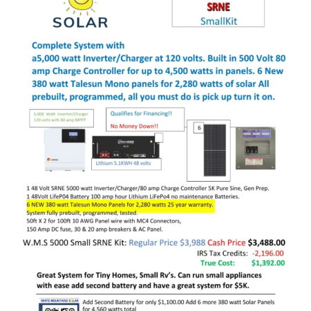 SOLAR KITS 5000 Watt SRNE Kit small one lithium 6 new 380 mono panels 02 15 25