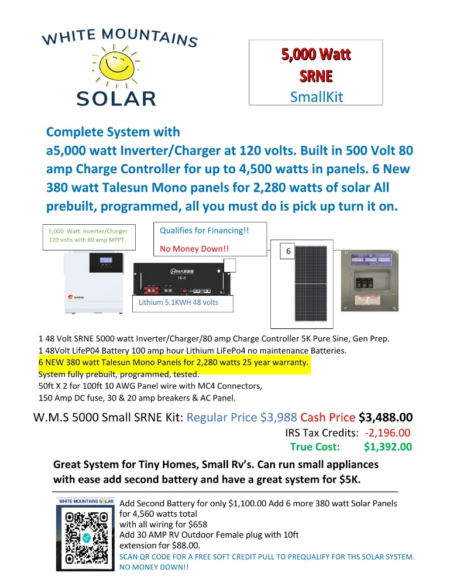 SOLAR KITS 5000 Watt SRNE Kit small one lithium 6 new 380 mono panels 02 15 25