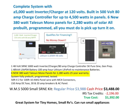 White Mountains Solar 928-251-0114 Show Low, AZ SOLAR KITS 5000 Watt SRNE Kit small one lithium 6 new 380 mono panels 02 15 25