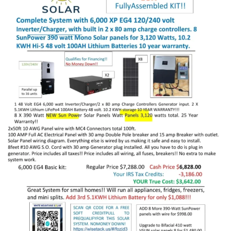 SOLAR KITS 6000 watt LUX Basic kit 2 Batteries 10.2KWH 8 390 panels 10 22 25