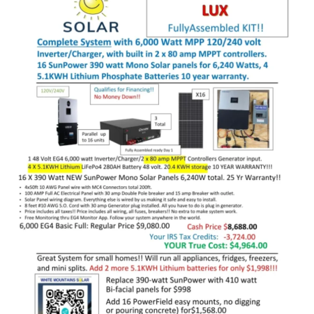 SOLAR KITS 6000 watt LUX Full kit 4 5.1 Batteries 20.4 KWH 16 390 panels 10 22 25