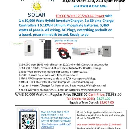 SRNE 10000 watt kit 16 390 panels 3 x 5.1KWH batteries 11 14 25