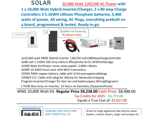 White Mountains Solar 928-251-0114 Show Low, AZ SRNE 10000 watt kit 16 390 panels 3 x 5.1KWH batteries 11 14 25