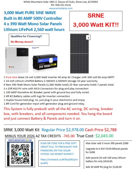 White Mountains Solar 928-251-0114 Show Low, AZ 3000w diy solar kits summer 26